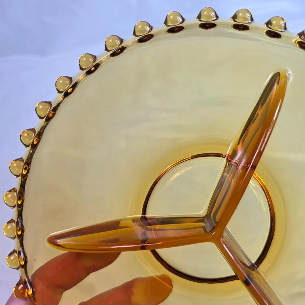 Vintage Amber Three Part Divided Relish Dish Platter Candlewick Style Edge